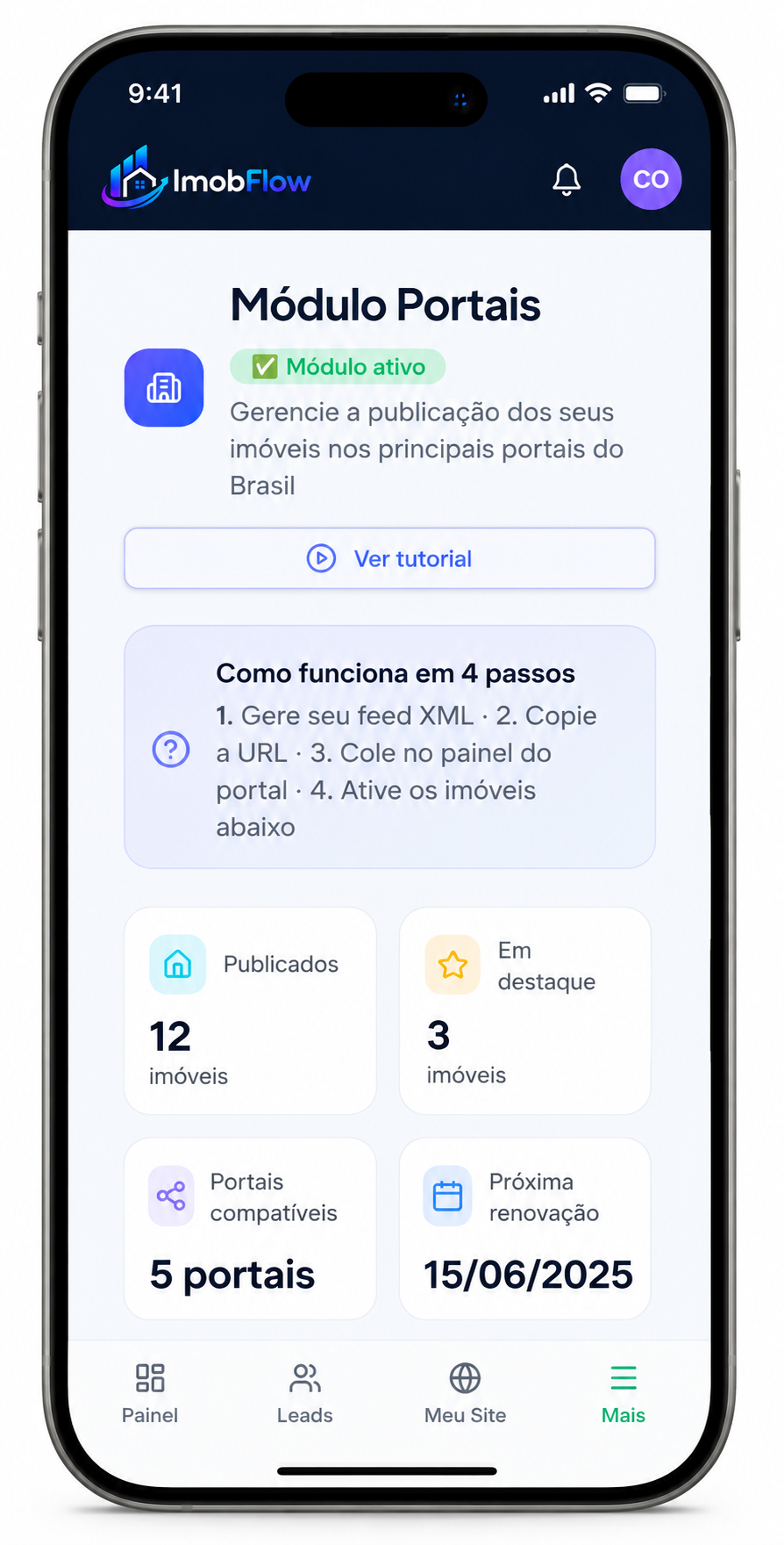 Painel do módulo com status e tutorial